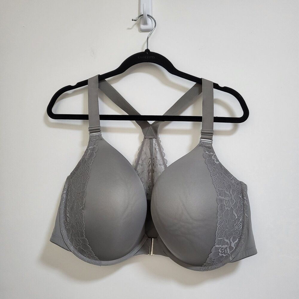CACIQUE Boost Plunge Bra 48DD Gray Racerback Lace Underwire Front Closure Pushup